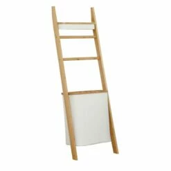 Echelle Porte-objets Avec Panier à Linge écru, Bambou
