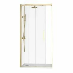 Ensemble 100x80 Cm Porte Coulissante, Arena, Receveur Acrylique Et Colonne Doré Brossé, Châtelet