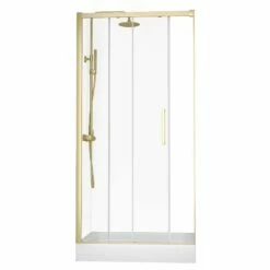 Ensemble 100x80 Cm Porte Coulissante, Arena, Receveur Acrylique Surélevé Et Colonne Doré Brossé, Châtelet