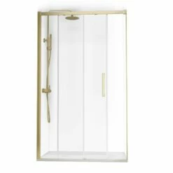 Ensemble 120x80 Ou 140x80 Cm Porte Coulissante, Arena, Receveur Solid Surface Et Colonne Doré Brossé, Châtelet