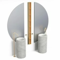 Ensemble De 2 Lavabos Tonneau, 2 Robinets Au Sol, 2 Miroirs Et 1 étagère, Marbre Blanc Et Doré Brossé, Kanda