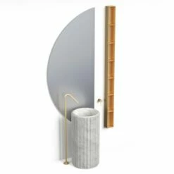 Ensemble Lavabo Tonneau, Robinet Au Sol, Miroir Et étagère, Marbre Blanc Et Doré Brossé, Kanda