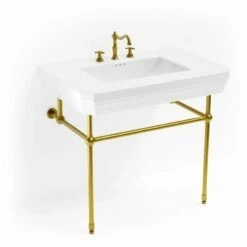 Lavabo Console Simple, 3 Trous, Pieds Doré Brossé, 81 Cm, 1920