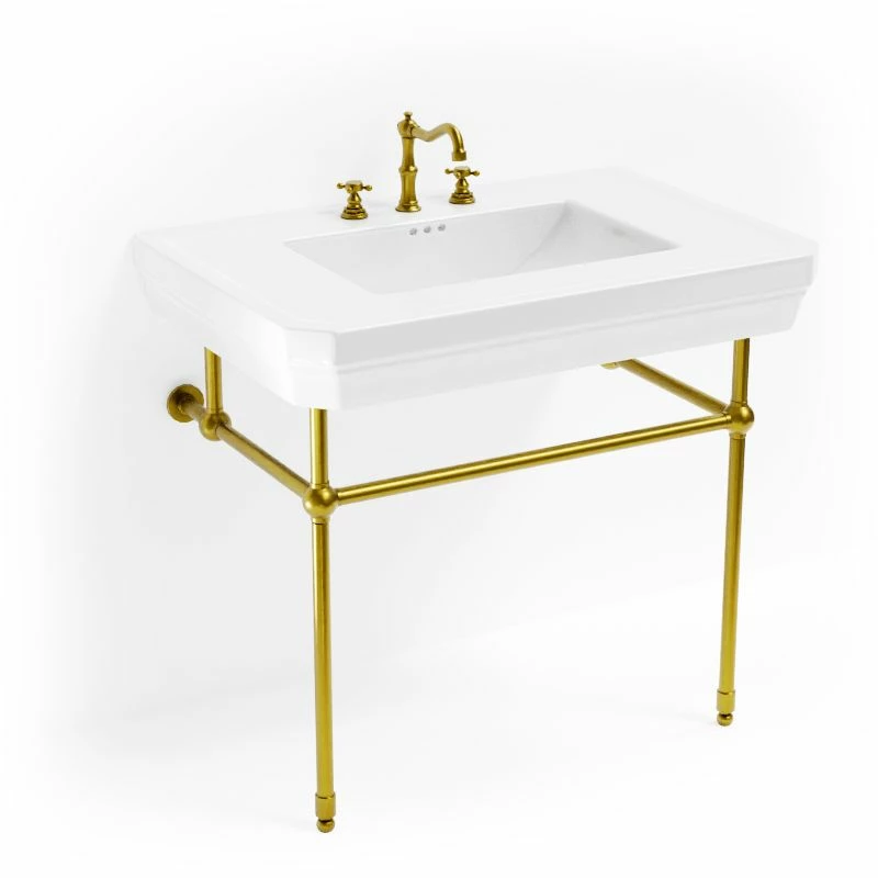 Lavabo Console Simple, 3 Trous, Pieds Doré Brossé, 81 Cm, 1920 3 Lavabo Console Simple, 3 Trous, Pieds Doré Brossé, 81 Cm, 1920