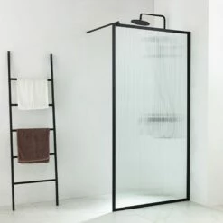 Paroi De Douche Fixe 100,120 Ou 140 Cm, Verre Cannelé Avec Profilé Noir Mat, Walk In