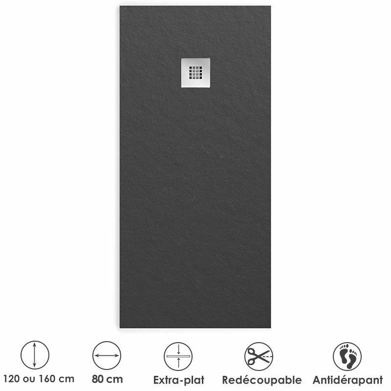 Receveur De Douche 80x120 Ou 80x160 Cm En Résine Minérale, Noir, France 7 Receveur De Douche 80x120 Ou 80x160 Cm En Résine Minérale, Noir, France – Image 5