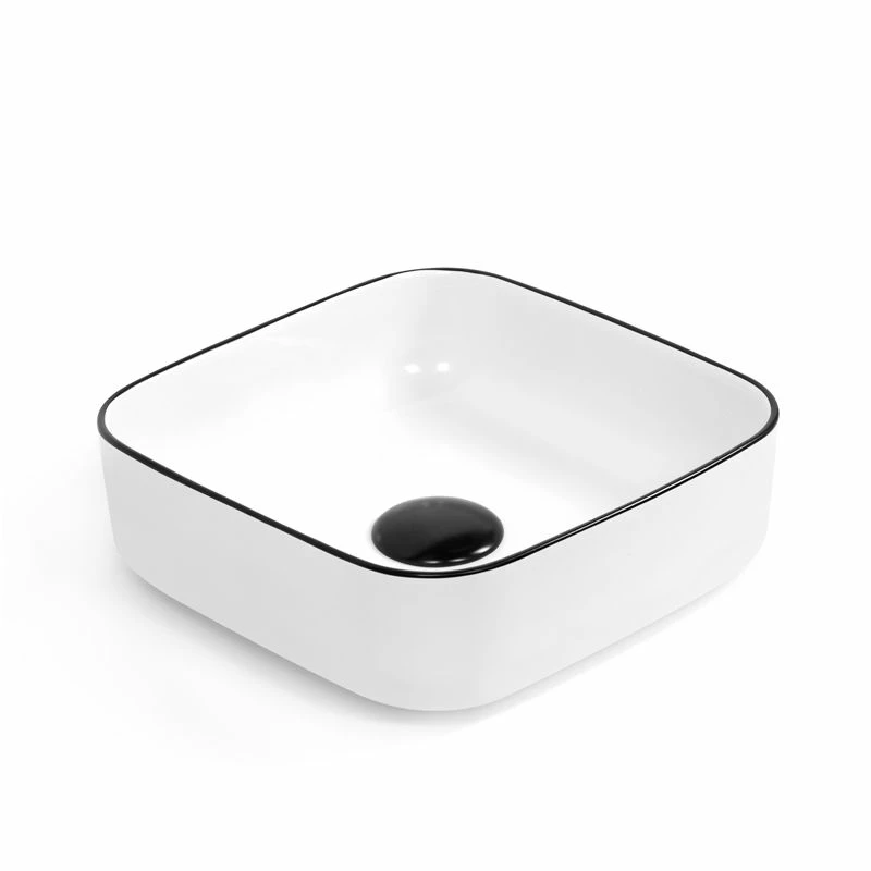 Vasque à Poser 37,5 X 37,5 Cm Carrée, Céramique, Blanc Avec Liseré Noir, Made In France, Fil 4 Vasque à Poser 37,5 X 37,5 Cm Carrée, Céramique, Blanc Avec Liseré Noir, Made In France, Fil – Image 2
