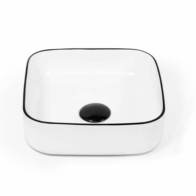 Vasque à Poser 37,5 X 37,5 Cm Carrée, Céramique, Blanc Avec Liseré Noir, Made In France, Fil 5 Vasque à Poser 37,5 X 37,5 Cm Carrée, Céramique, Blanc Avec Liseré Noir, Made In France, Fil – Image 3