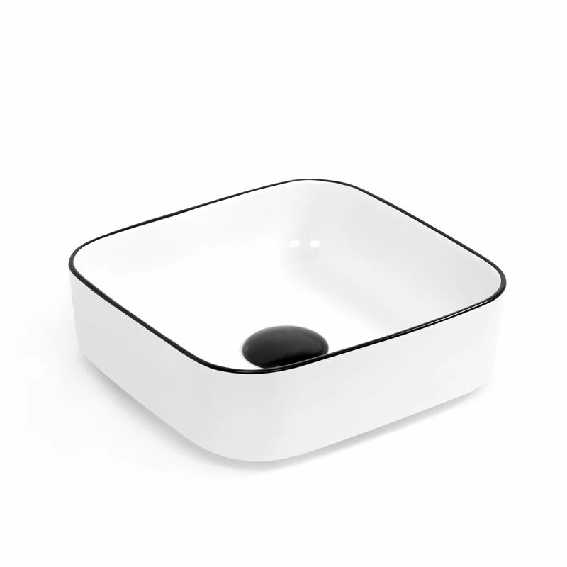 Vasque à Poser 37,5 X 37,5 Cm Carrée, Céramique, Blanc Avec Liseré Noir, Made In France, Fil 3 Vasque à Poser 37,5 X 37,5 Cm Carrée, Céramique, Blanc Avec Liseré Noir, Made In France, Fil