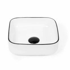 Vasque à Poser 37,5 X 37,5 Cm Carrée, Céramique, Blanc Mat Avec Liseré Noir, Made In France, Fil -Produits De Salle De Bain Soldes 2024 vasque a poser 375 x 375 cm carree ceramique blanc mat avec lisere noir made in france fil 2