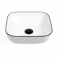 Vasque à Poser 45 X 43 Cm Carrée, Céramique, Blanc Avec Liseré Noir, Made In France, Eva -Produits De Salle De Bain Soldes 2024 vasque a poser 45 x 43 cm carree ceramique blanc avec lisere noir made in france eva 1