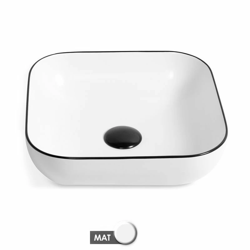 Vasque à Poser 45 X 43 Cm Carrée, Céramique, Blanc Mat Avec Liseré Noir, Made In France, Eva 7 Vasque à Poser 45 X 43 Cm Carrée, Céramique, Blanc Mat Avec Liseré Noir, Made In France, Eva – Image 5