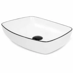 Vasque à Poser 58 X 41 Cm Rectangulaire, Céramique, Blanc Mat Et Liseré Noir, Made In France, Fil