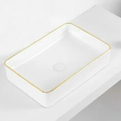 Vasque à Poser 50x34 Cm, En Céramique, Blanc Et Liseré Doré - Chic Gold -Produits De Salle De Bain Soldes 2024 vasque a poser en ceramique blanc et lisere dore 50x34 cm chic gold 2