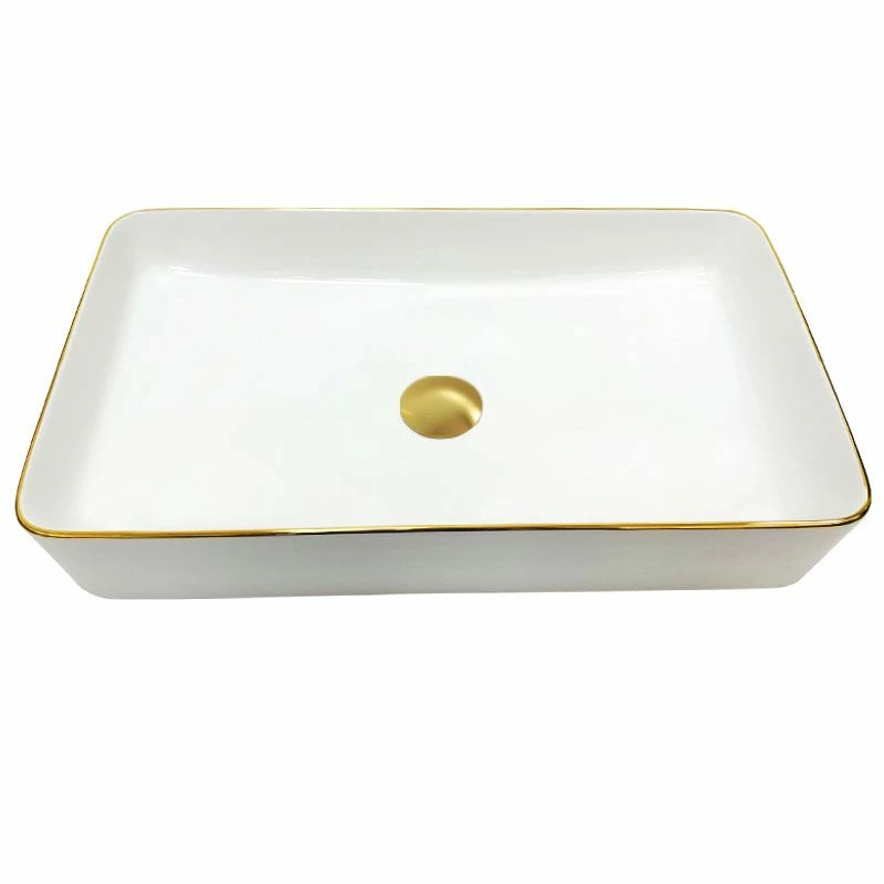 Vasque à Poser 60x35 Cm, En Céramique, Blanc Et Liseré Doré - Chic Gold 4 Vasque à Poser 60x35 Cm, En Céramique, Blanc Et Liseré Doré - Chic Gold – Image 2