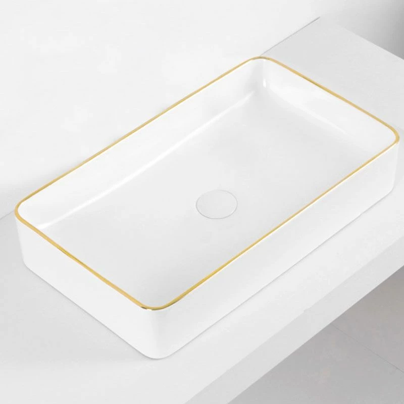 Vasque à Poser 60x35 Cm, En Céramique, Blanc Et Liseré Doré - Chic Gold 5 Vasque à Poser 60x35 Cm, En Céramique, Blanc Et Liseré Doré - Chic Gold – Image 3