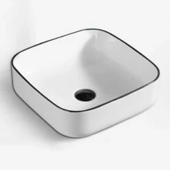 Vasque à Poser 39 X 39 Cm, En Céramique, Blanc Et Liseré Noir - Chic -Produits De Salle De Bain Soldes 2024 vasque a poser en ceramique blanc et lisere noir 39 x 39 cm chic 3