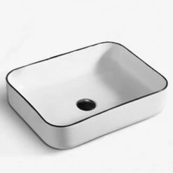 Vasque à Poser 51 X 40 Cm, En Céramique, Blanc Et Liseré Noir - Chic -Produits De Salle De Bain Soldes 2024 vasque a poser en ceramique blanc et lisere noir 51 x 40 cm chic 2