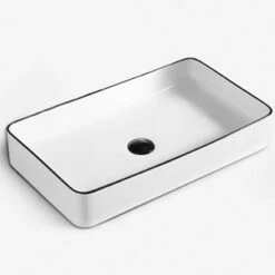 Vasque à Poser 60,5 X 35 Cm, En Céramique, Blanc Et Liseré Noir - Chic -Produits De Salle De Bain Soldes 2024 vasque a poser en ceramique blanc et lisere noir 605 x 35 cm chic 2