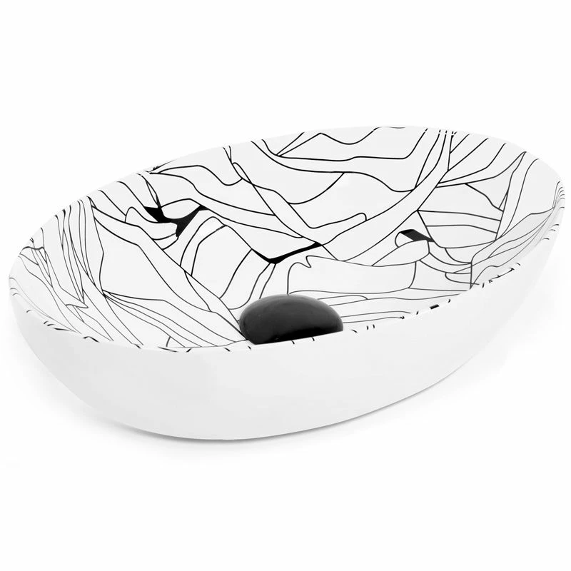 Vasque à Poser 52 X 31 Cm Ovale, Céramique, Blanc Brillant Motif Noir, Made In France, Desvres 3 Vasque à Poser 52 X 31 Cm Ovale, Céramique, Blanc Brillant Motif Noir, Made In France, Desvres