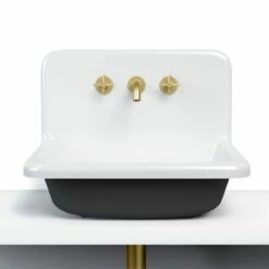 Lavabo En Fonte 61x51 Cm, Avec Dosseret, Blanc Et Noir Mat, School + Robinet Mélangeur Cross II Doré Brossé Inclus -Produits De Salle De Bain Soldes 2024 vasque en fonte avec dosseret blanc et noir mat school robinet melangeur cross ii dore brosse inclus 2