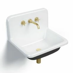 Lavabo En Fonte 61x51 Cm, Avec Dosseret, Blanc Et Noir Mat, School + Robinet Mélangeur Cross II Doré Brossé Inclus