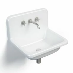 Lavabo En Fonte 61x51 Cm, Avec Dosseret, Blanc, School + Robinet Mélangeur Cross II Inox Brossé Inclus